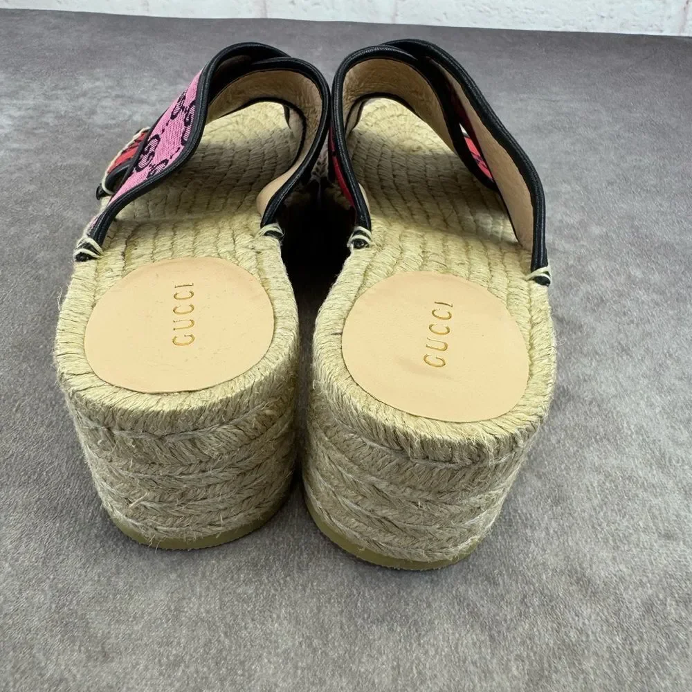 Gucci Multicolor Criss Cross Strap Red and Pink Espadrille Sandals Slides 37